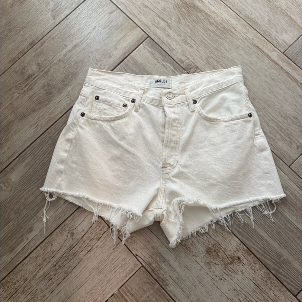 Agolde Cream Distressed Frayed Hem Denim Shorts